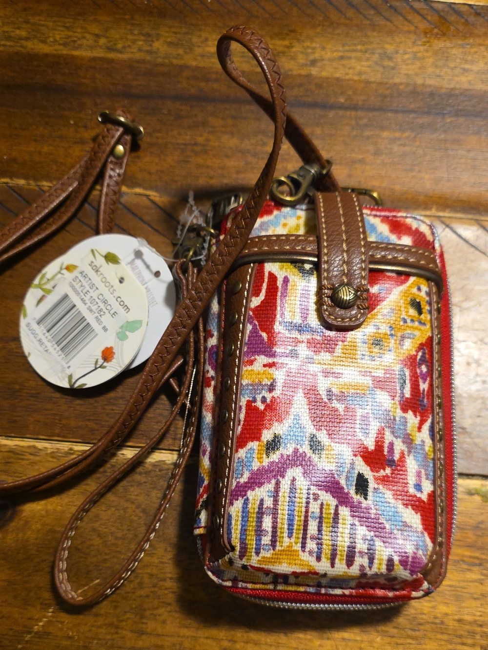 Sakroots Red Multi-Color Small Crossbody Phone Bag with Brown Trim